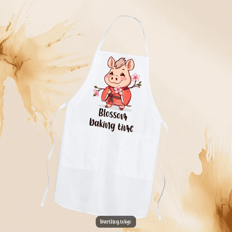 Funny kitchen apron with a cheerful warthog in a red kimono holding a blooming cherry blossom, ideal funny cooking gift.