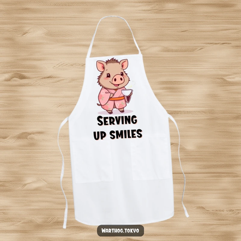 Funny kitchen apron with a warthog in a pink floral kimono offering a teacup, ideal for a funny cooking gift.