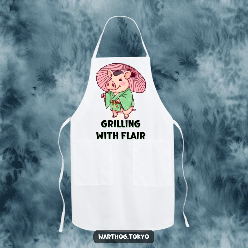 Funny kitchen apron with a plump warthog in a green kimono playfully balancing a parasol, ideal funny cooking gift.