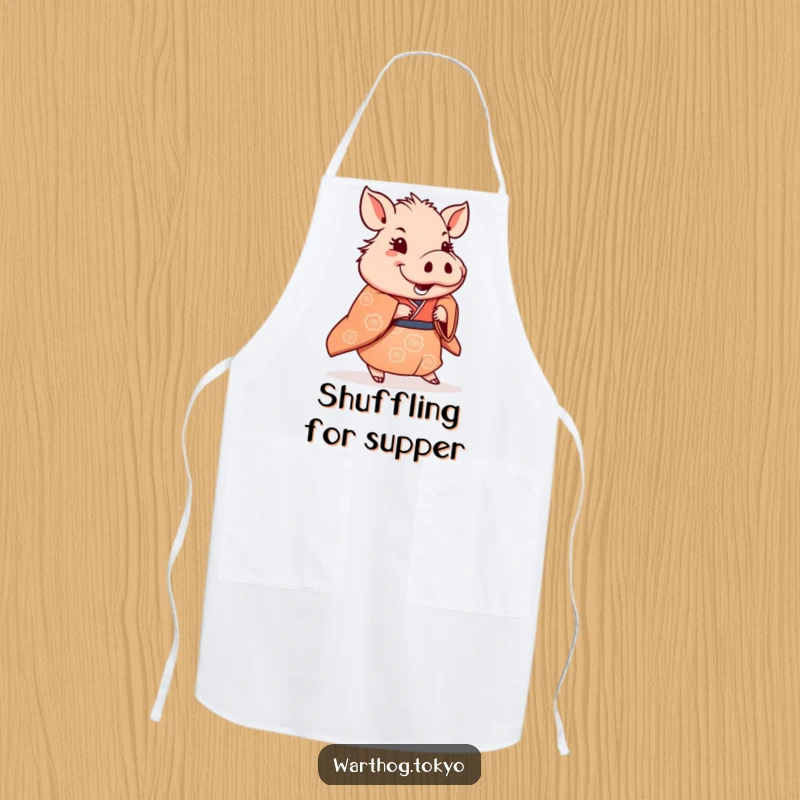 Funny Apron: Warthog in a traditional kimono doing a subtle, happy shuffle, a delightful and practical kitchen essential.