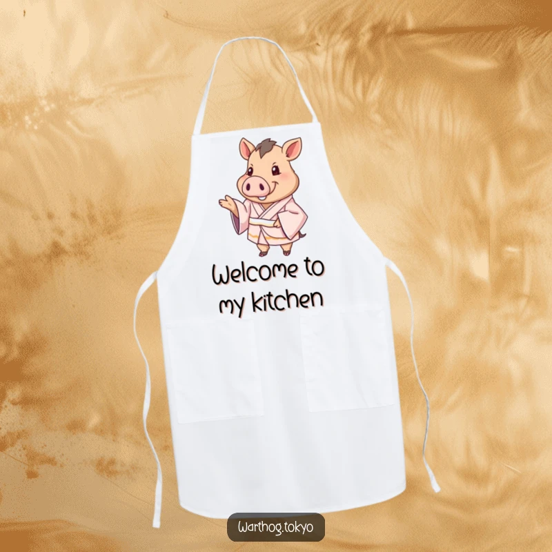 Funny Apron: Warthog in a silken kimono extending a paw in greeting, a delightful and practical kitchen essential.