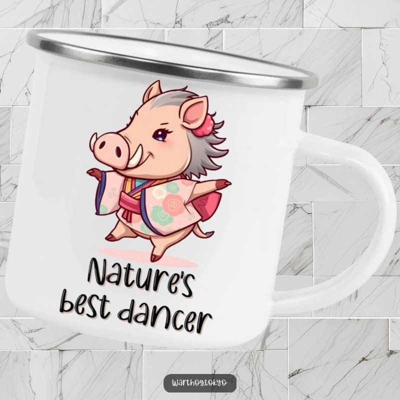 Funny camping mug showcasing a warthog in a colorful kimono, joyfully twirling, bringing cheer to any outdoor adventure.