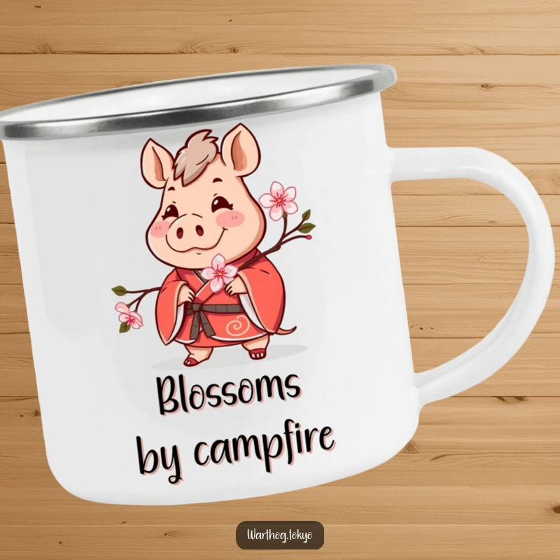 Funny camping mug with a cheerful warthog in a red kimono holding a blooming cherry blossom, perfect for outdoor funny gifts.