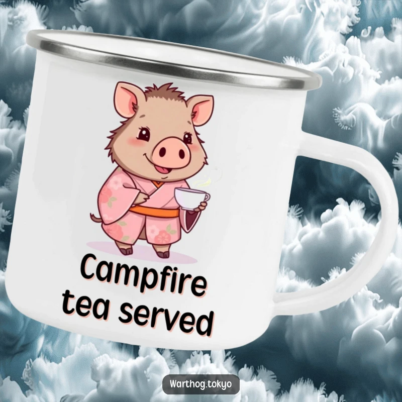 Funny camping mug with a warthog in a pink floral kimono offering a teacup, perfect for outdoor funny gifts.
