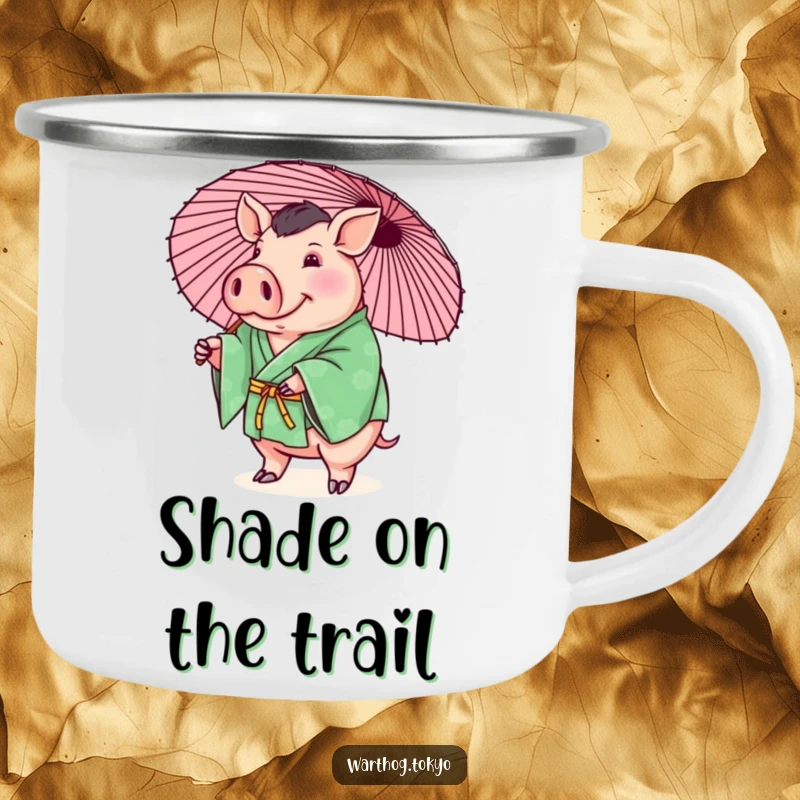 Funny camping mug with a plump warthog in a green kimono playfully balancing a parasol, perfect for outdoor funny gifts.