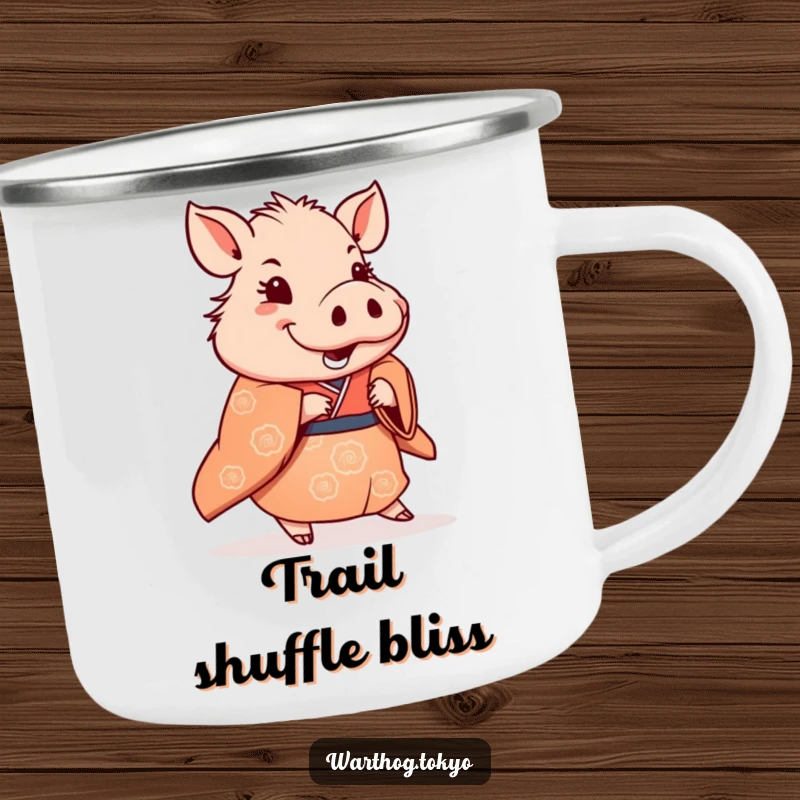 Funny Camping Mug: Warthog in a traditional kimono doing a subtle, happy shuffle, perfect for enjoying drinks outdoors.