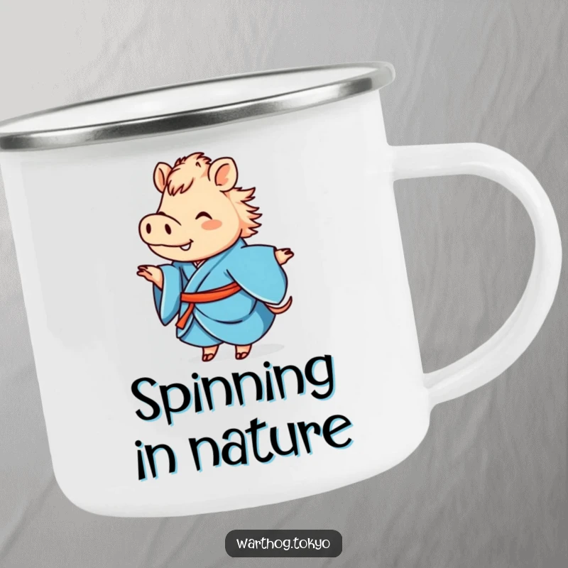 Funny durable camping mug with a cute warthog in a blue kimono, happily twirling, perfect for outdoor funny gifts.