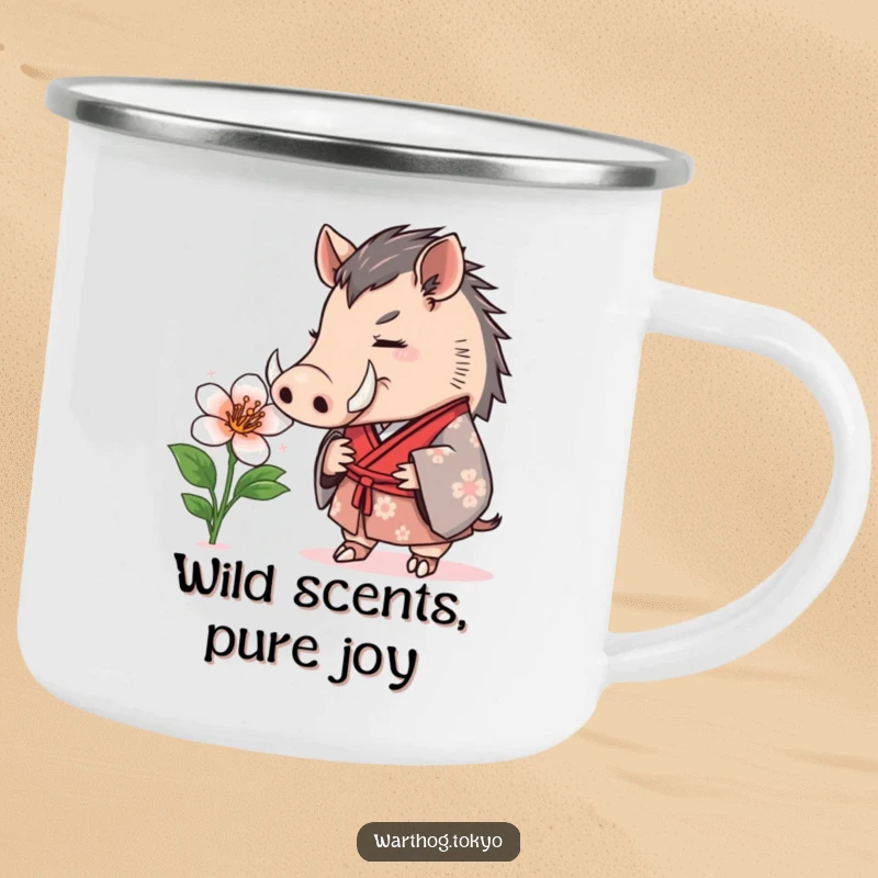 Funny Camping Mug: Warthog in a formal kimono curiously sniffing a blooming flower, perfect for enjoying drinks outdoors.