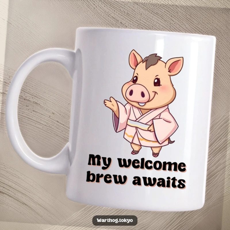 Funny Mug: Warthog in a silken kimono extending a paw in a friendly greeting, showcasing warm hospitality and charm.