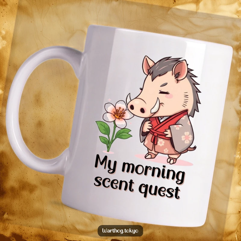 Funny Mug: Warthog in a formal kimono curiously sniffing a blooming flower, a delightful scene of nature's beauty and charm.
