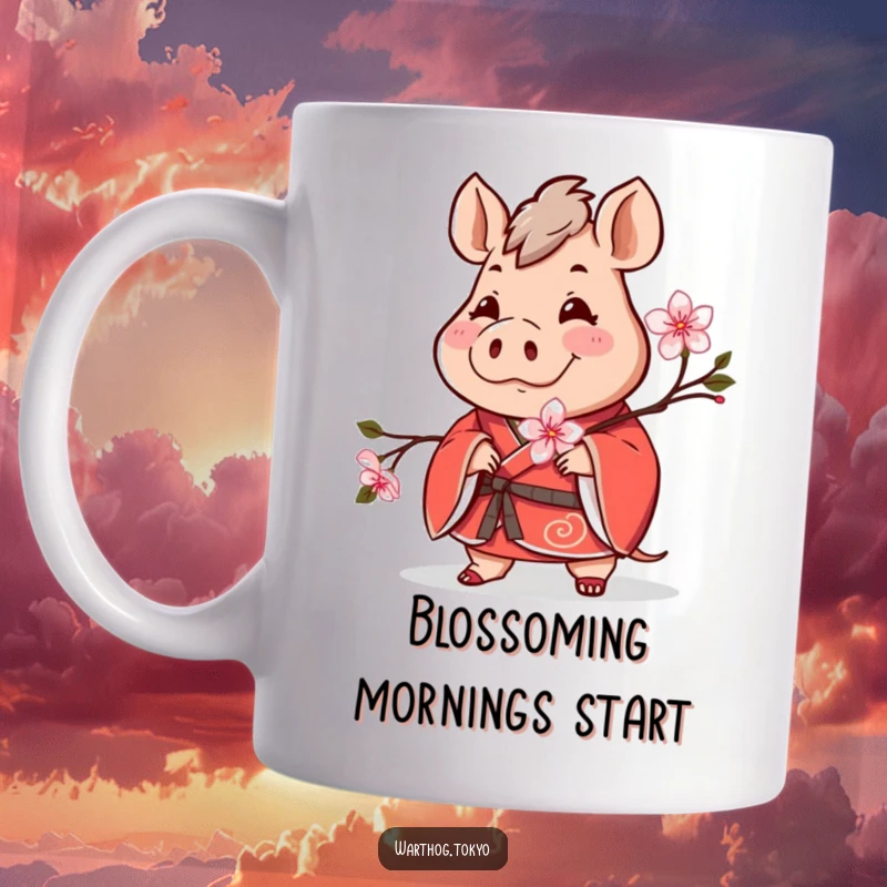 Funny cheerful warthog in a red kimono holding a blooming cherry blossom, perfect for a cute and funny gift.