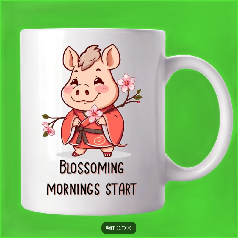 Funny Warthog Kimono Mug: Cheerful Red Design with Cherry Blossom, Great Gift