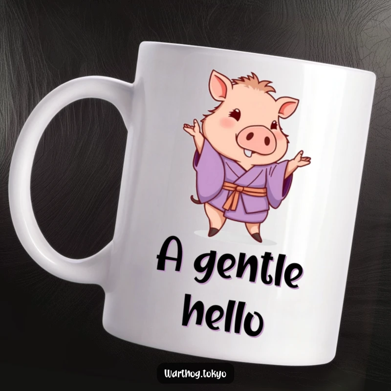Funny warthog in a purple kimono posing and giving a gentle wave, perfect for a cute and funny gift.