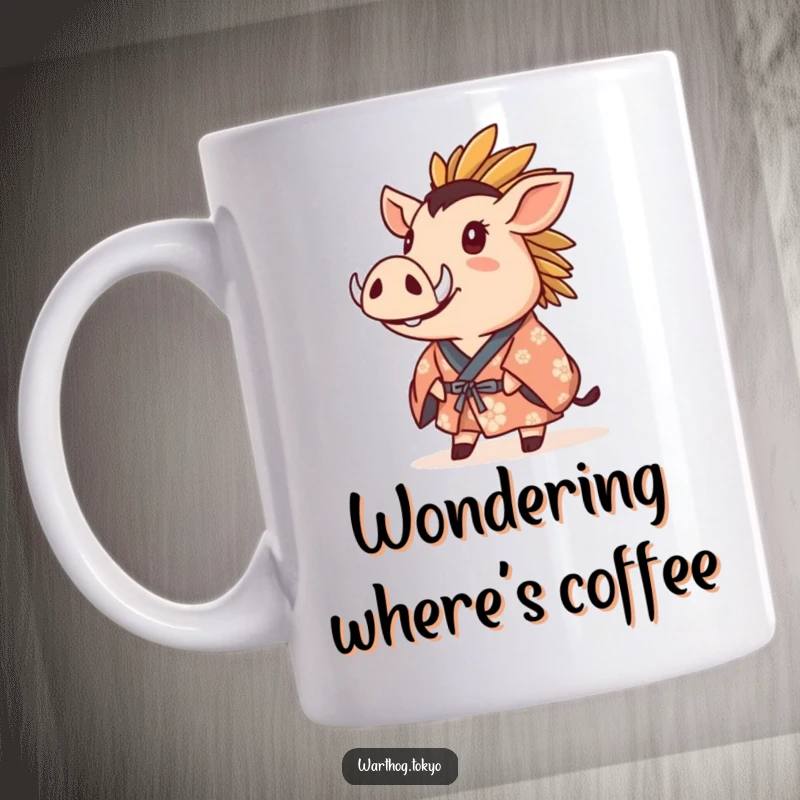 Funny Mug: Warthog in a crested kimono gazing upwards with a sense of wonder and peaceful contemplation.
