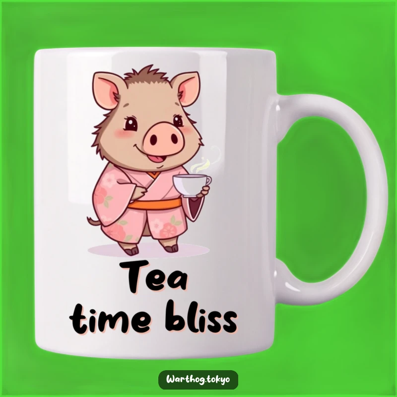 Funny Warthog Tea Mug: Adorable Pink Kimono Warthog Serving Tea, Perfect Gift