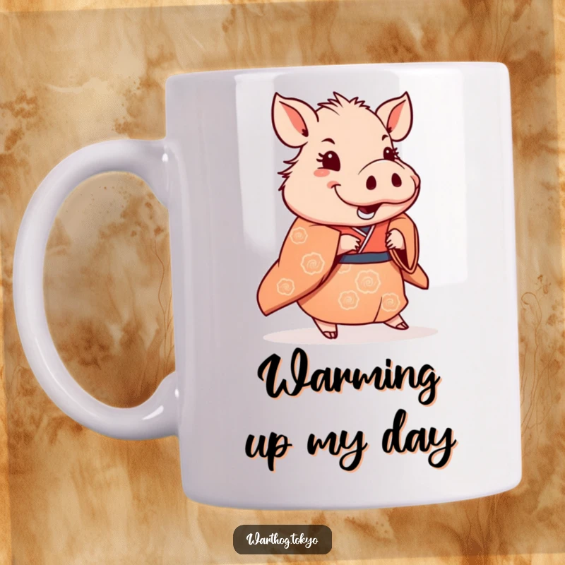 Funny Mug: Warthog in a traditional kimono doing a subtle, happy shuffle, expressing joy and movement.