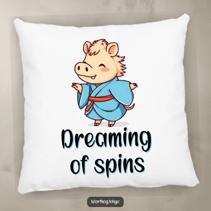 Funny cute warthog in a blue kimono pillow, happily twirling, soft and perfect for a funny gift.