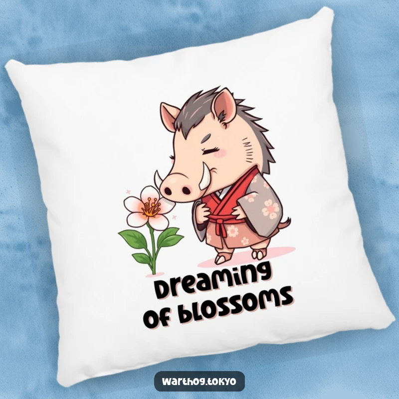 Funny Pillow: A warthog in a formal kimono curiously sniffing a blooming flower, bringing gentle charm and comfort.