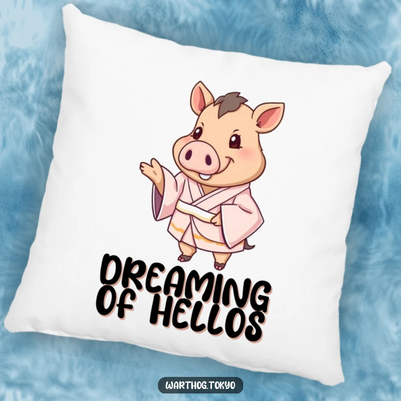 Funny Pillow: Warthog in a silken kimono extending a paw in greeting, bringing comfort and a friendly touch.