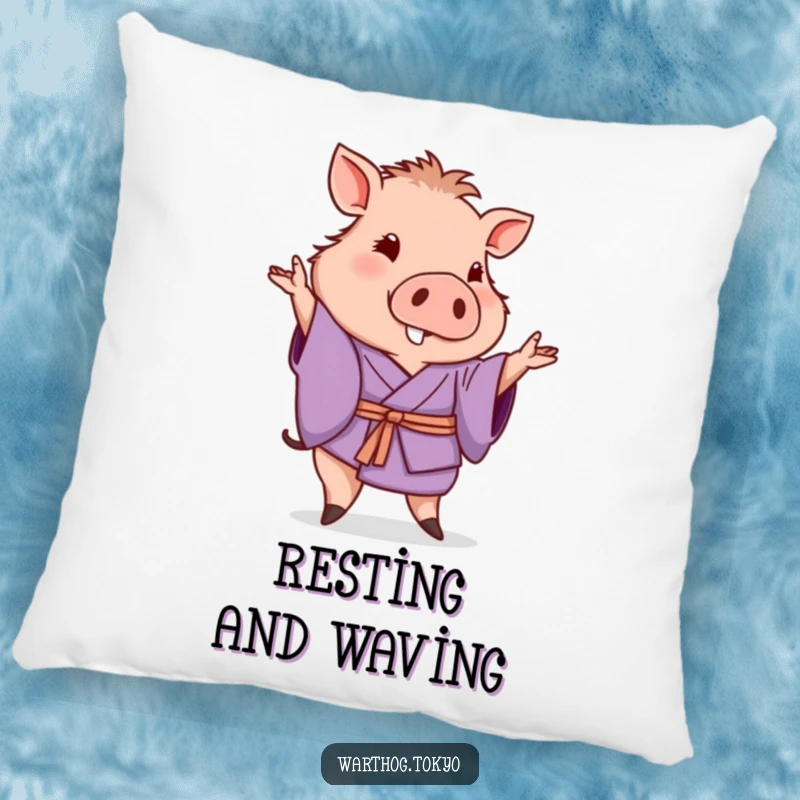 Funny cute warthog in a purple kimono pillow, posing with a gentle wave, soft and perfect for a funny gift.