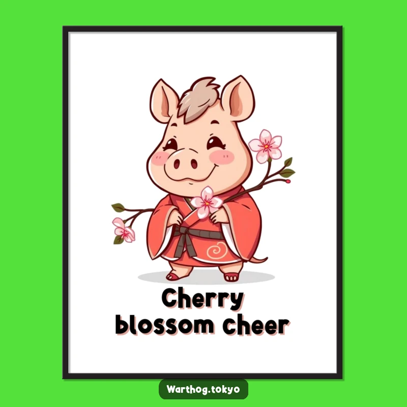 Funny Warthog Kimono Digital Art: Instant Cheer with Red Blossom Art