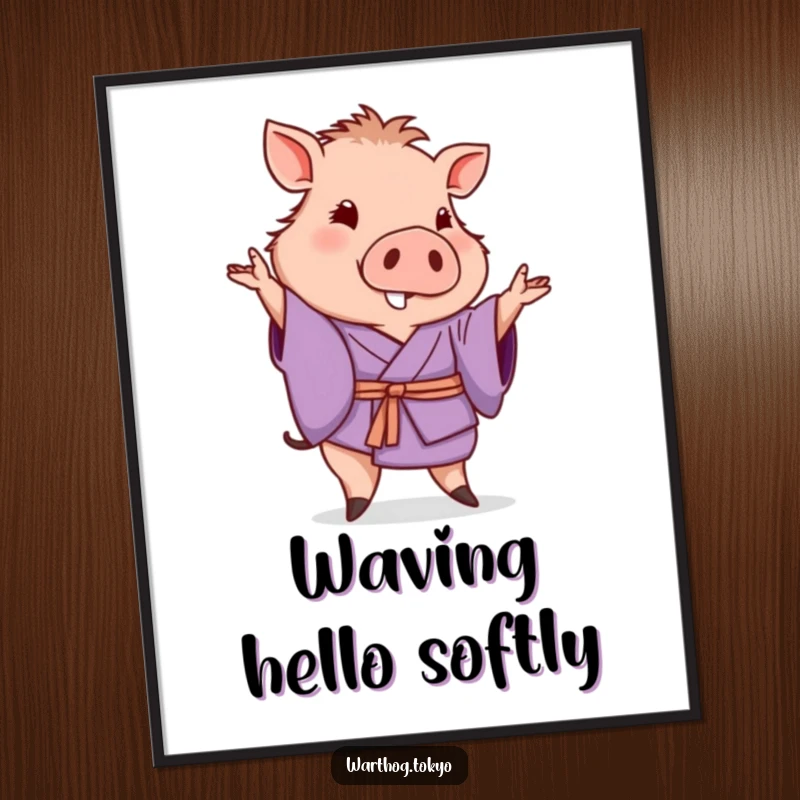 Funny digital art print of a warthog in a purple kimono posing with a gentle wave, instant downloadable funny gift.