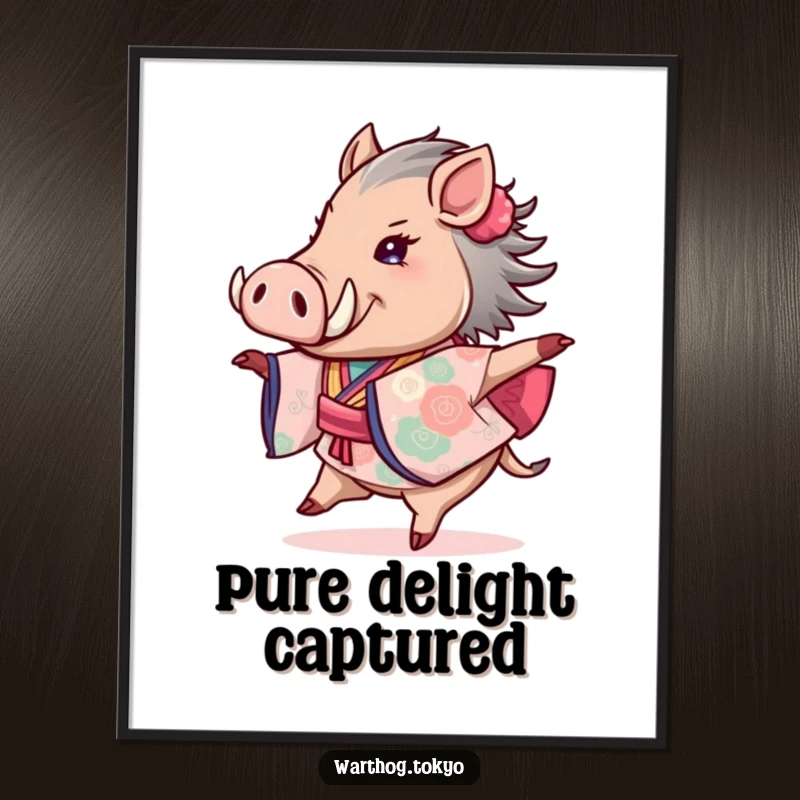 Funny digital art print of a warthog in a stunning kimono, joyfully twirling, capturing a moment of pure, uninhibited happiness.