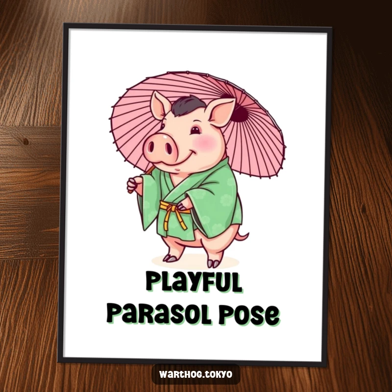 Funny digital art print of a plump warthog in a green kimono playfully balancing a parasol, instant downloadable funny gift.