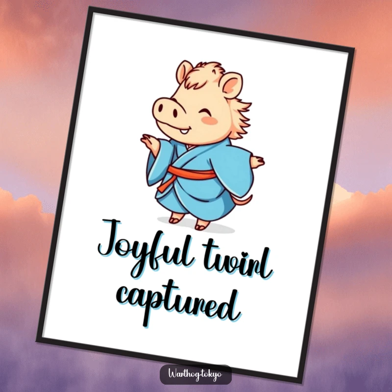 Funny digital art print of a cute warthog in a blue kimono, joyfully twirling, instant downloadable funny gift.