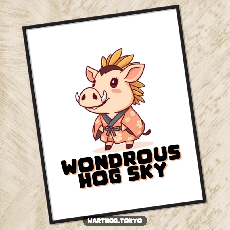 Funny Digital Art Print: Warthog in a crested kimono gazing upwards with wonder, downloadable art for contemplative decor.