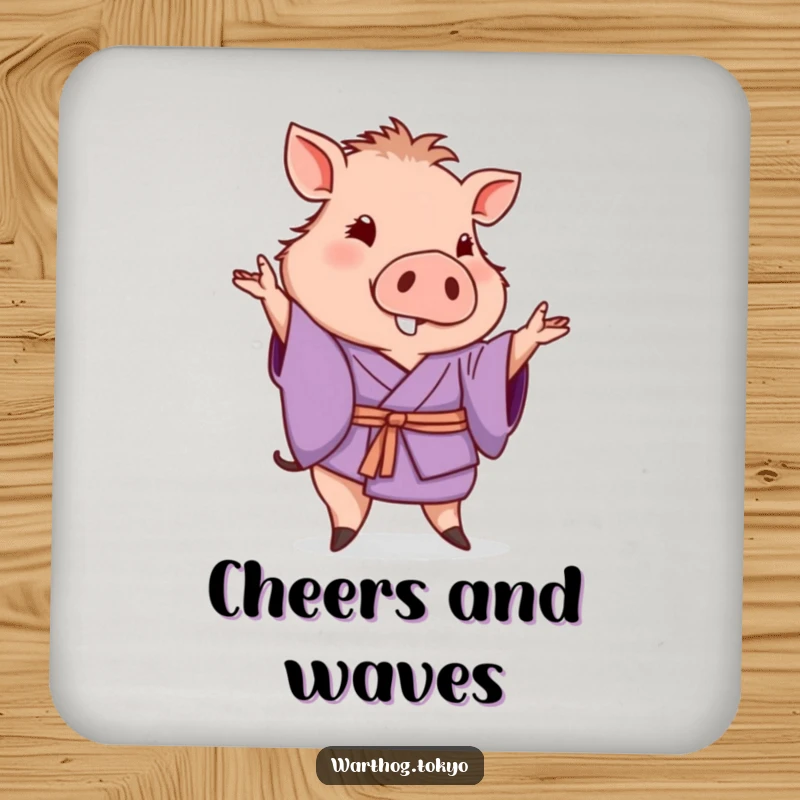 Funny coasters with a warthog in a purple kimono posing with a gentle wave, perfect for protecting surfaces and funny gifts.