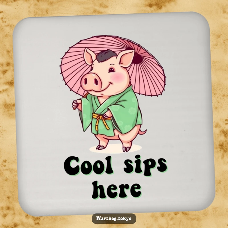 Funny coasters with a plump warthog in a green kimono playfully balancing a parasol, perfect for protecting surfaces and funny gifts.