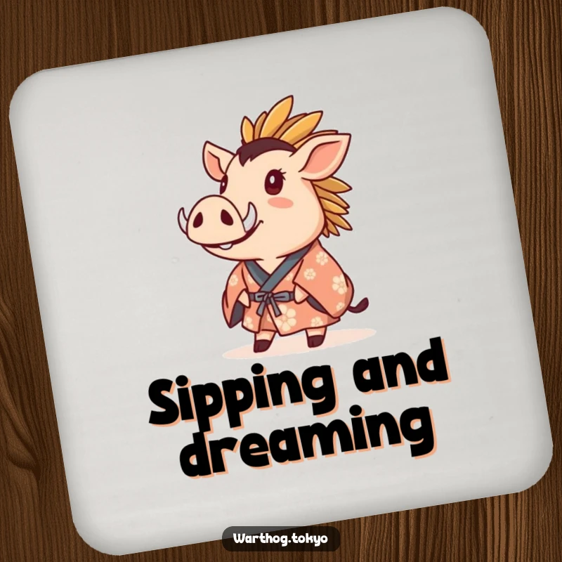 Funny Drink Coasters: Warthog in a crested kimono gazing upwards with wonder, adding artistic flair to any table.