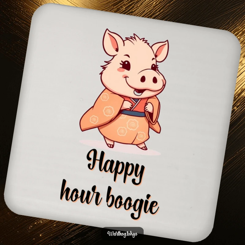 Funny Drink Coasters: Warthog in a traditional kimono doing a subtle, happy shuffle, adding artistic flair to any table.