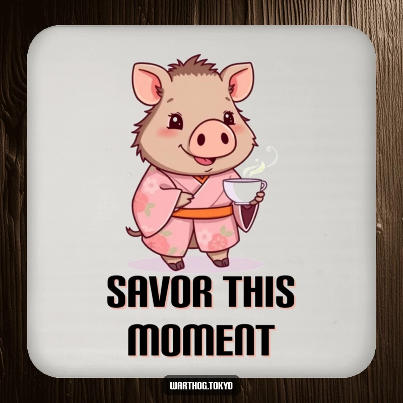 Funny coasters with a warthog in a pink floral kimono offering a teacup, perfect for protecting surfaces and funny gifts.