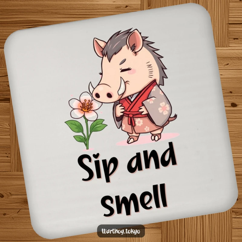 Funny Drink Coasters: Warthog in a formal kimono curiously sniffing a blooming flower, adding artistic flair to any table.