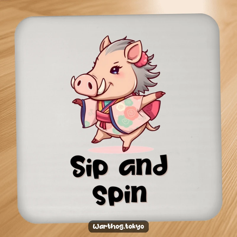 Funny drink coaster featuring a warthog in a kimono, joyfully pirouetting, protecting your furniture with whimsical charm.