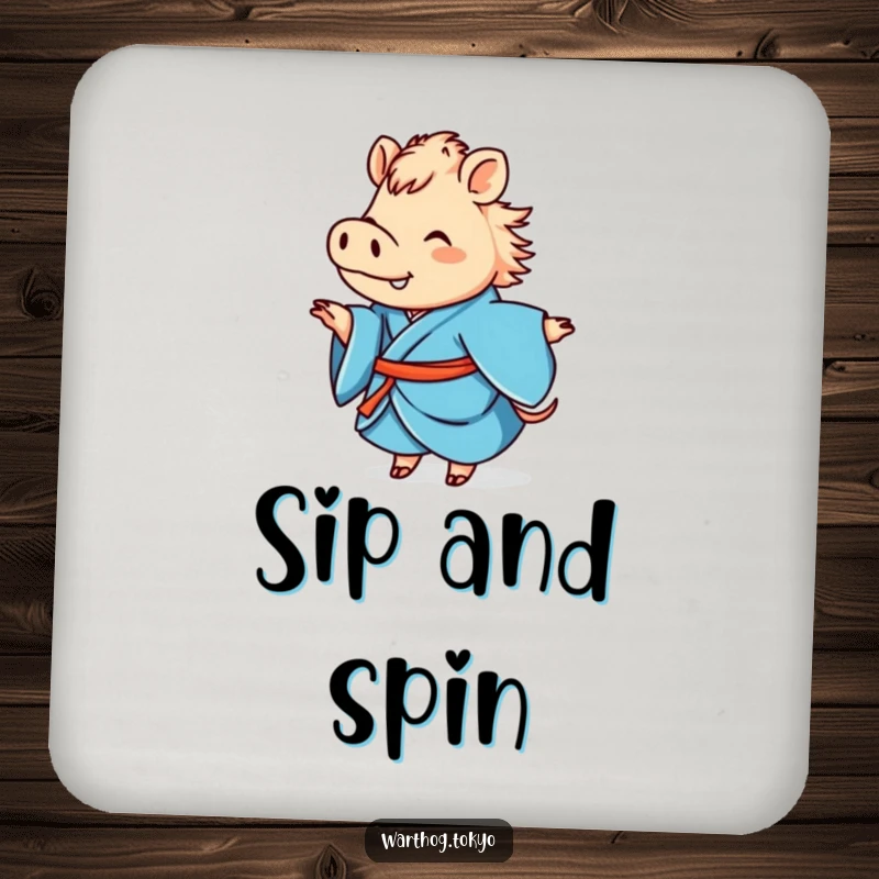 Funny coasters set with a cute warthog in a blue kimono, happily twirling, perfect for protecting surfaces and funny gifts.