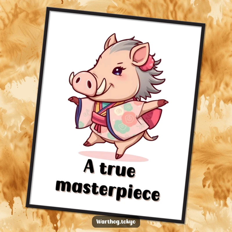 Funny poster of a warthog elegantly twirling in a colorful kimono, radiating happiness and a playful, artistic spirit.