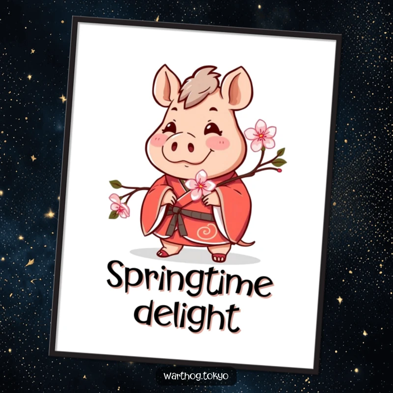 Funny poster of a cheerful warthog in a red kimono holding a blooming cherry blossom, perfect wall art and funny gift.