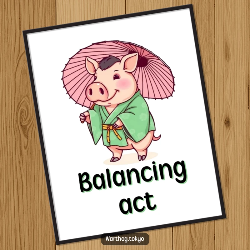 Funny poster of a plump warthog in a green kimono playfully balancing a parasol, perfect wall art and funny gift.