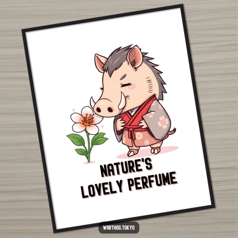 Funny Poster: A warthog wearing a formal kimono, curiously sniffing a blooming flower, adding a touch of gentle art.