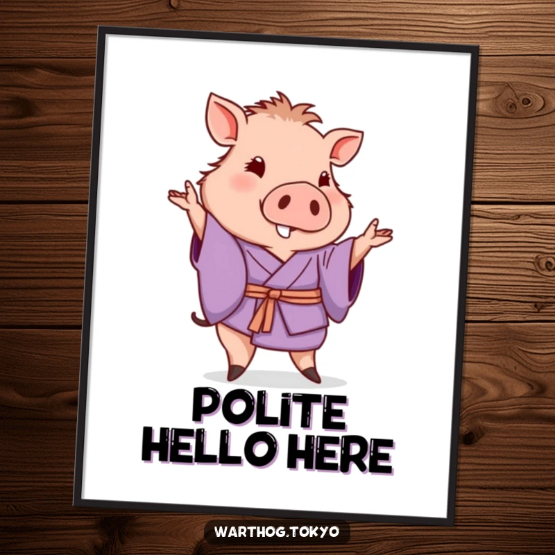 Funny poster of a warthog in a purple kimono posing with a gentle wave, perfect wall art and funny gift.