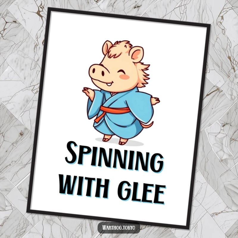 Funny vibrant poster of a cute warthog in a blue kimono, joyfully twirling, perfect wall art and funny gift.