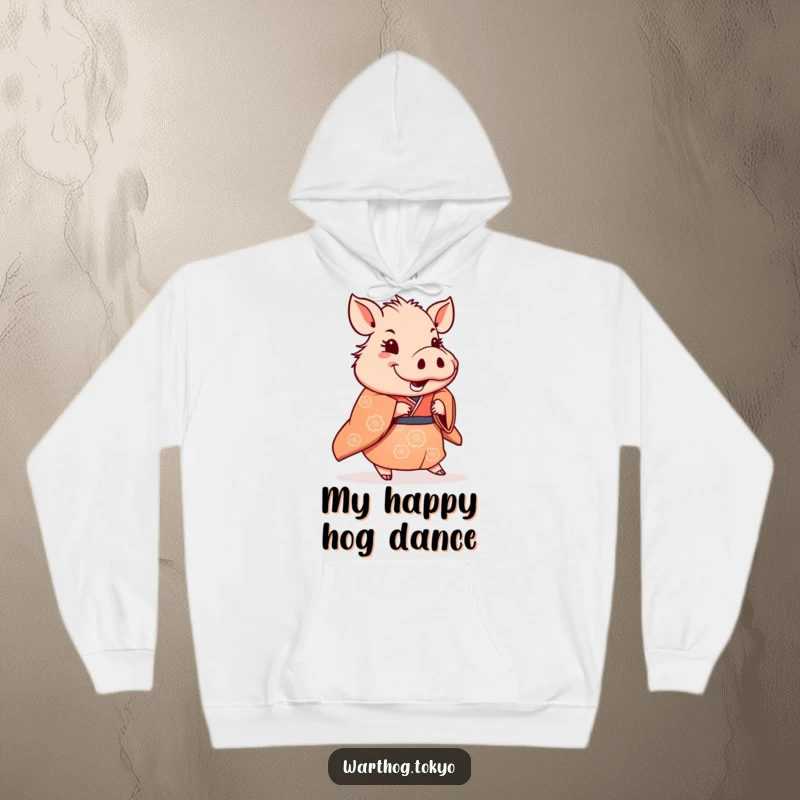 Funny Hoodie: Warthog in a traditional kimono doing a happy shuffle, a comfortable and joyful statement piece.