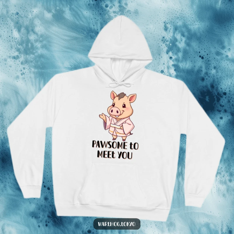 Funny Hoodie: Warthog in a silken kimono extending a paw in greeting, offering warmth and friendly welcome.