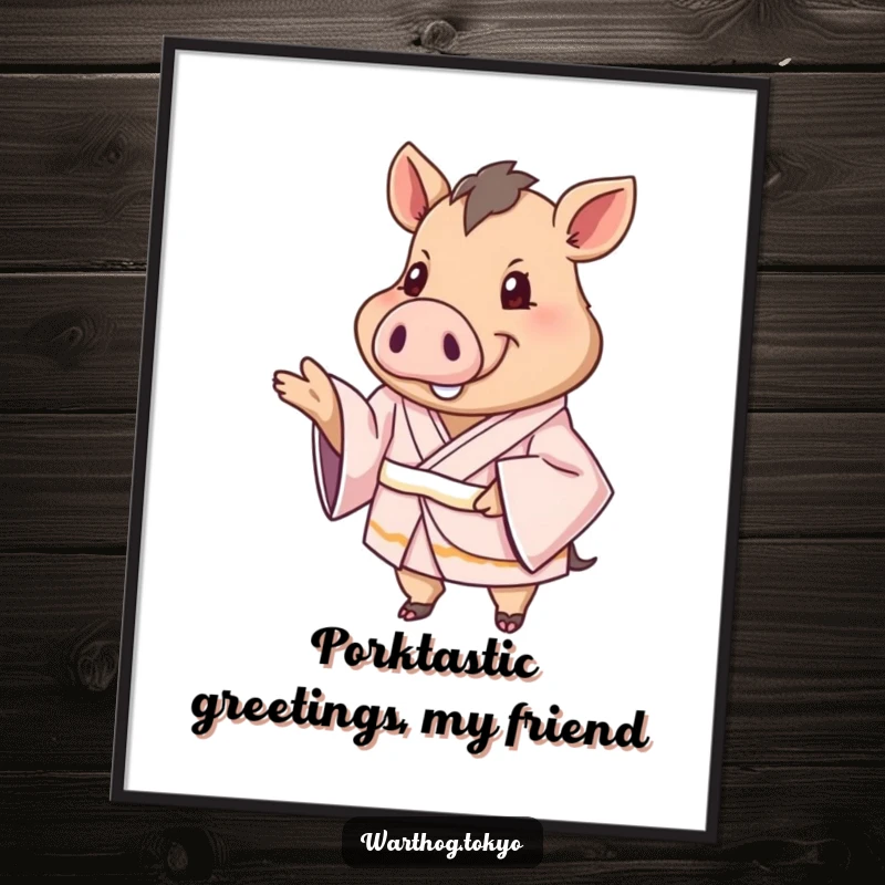 Funny Free Printable Wall Art: Warthog wearing a silken kimono, extending a paw in a warm, friendly greeting.
