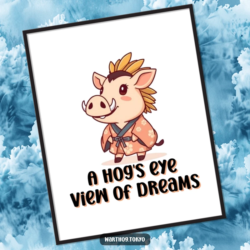 Funny Free Printable Wall Art: Warthog in a crested kimono gazing upwards with wonder, inspiring contemplation.