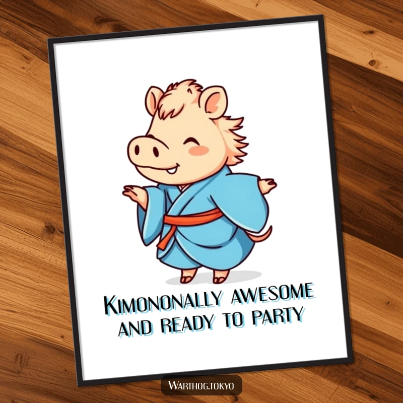 Funny Free Printable Warthog Wall Art: A joyful warthog in a vibrant blue kimono happily twirling, making a statement.