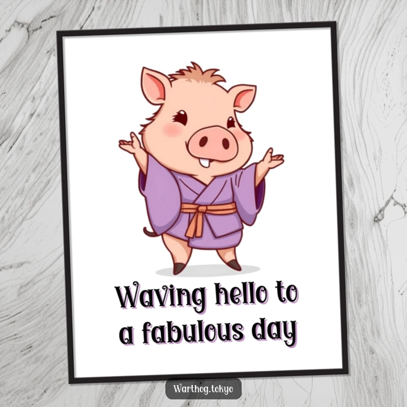 Funny Free Printable Warthog Wall Art: A warthog in a purple kimono poses with a friendly and gentle wave, adding charm.
